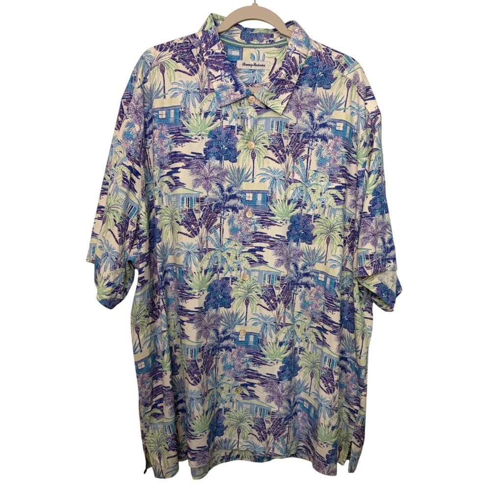Tommy Bahama Silk Button Up Shirt Men 3XL Camp Bungalow Noche Blue Purple Marlin